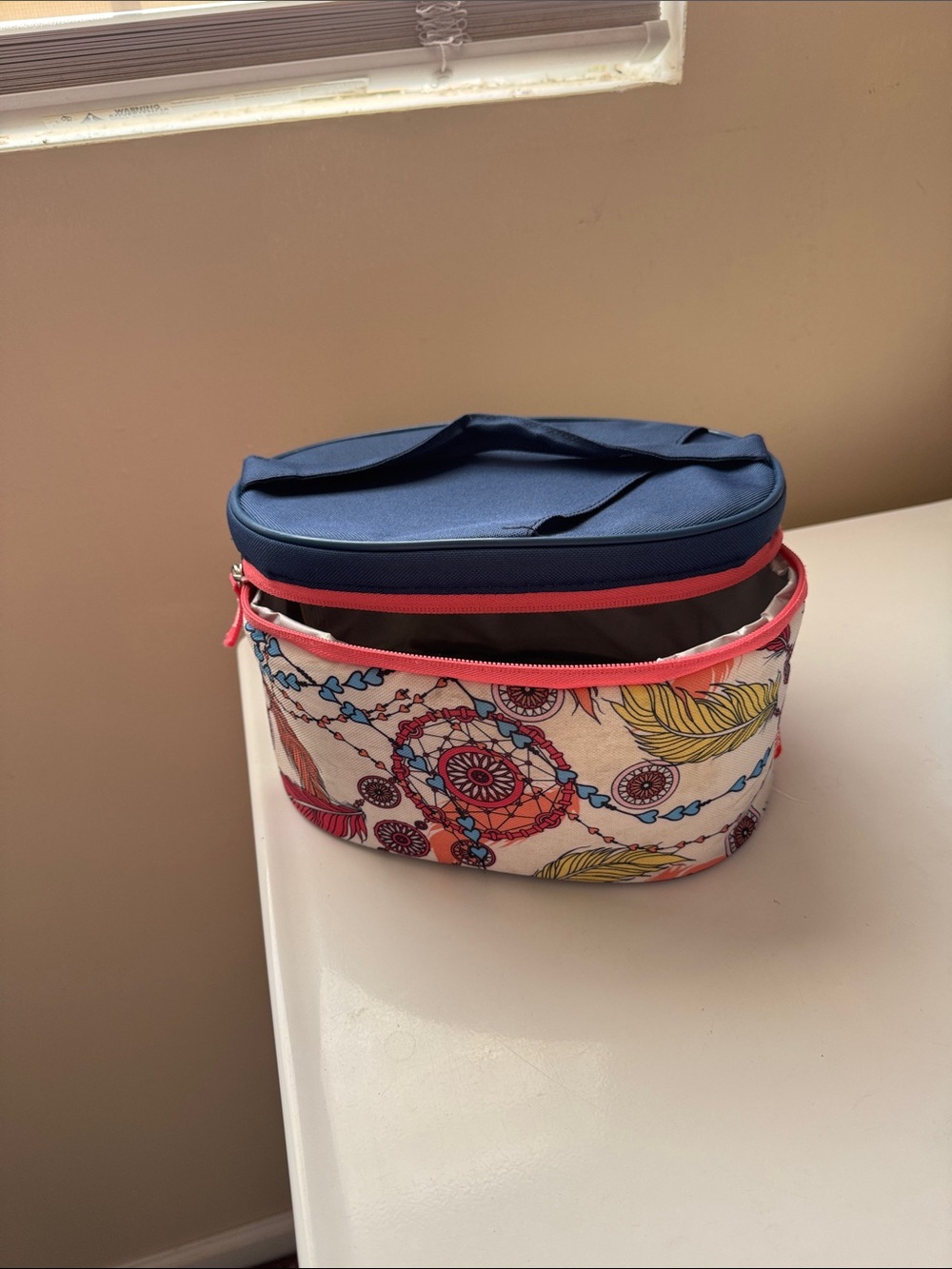 Navy and Multicolor Printed Cosmetic Train Case with Coral Trim